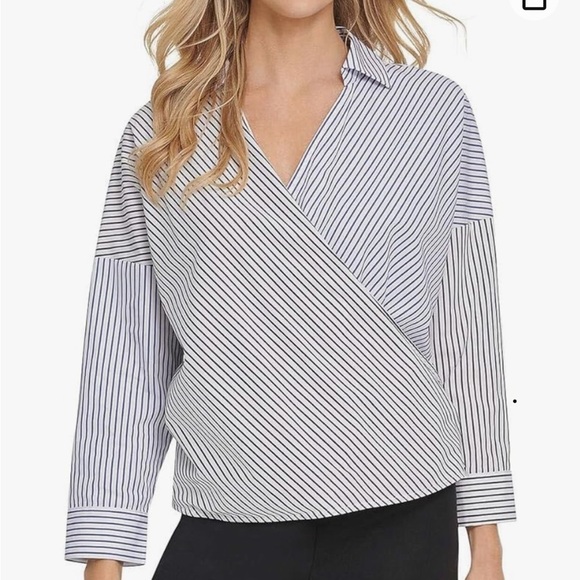 DKNY Womens Shirt Striped Faux Wrap top 100% Cotton Long Sleeve Size Large - Picture 3 of 10